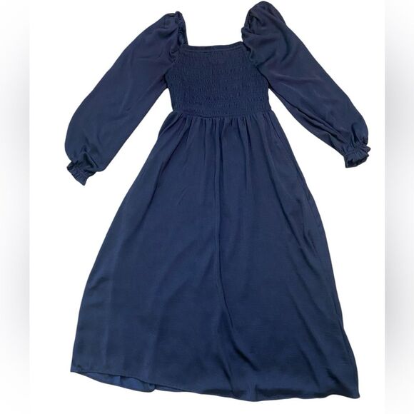 GAP Navy Smocked Bust Square Neck Long Sleeve Midi Dress - Picture 3 of 11